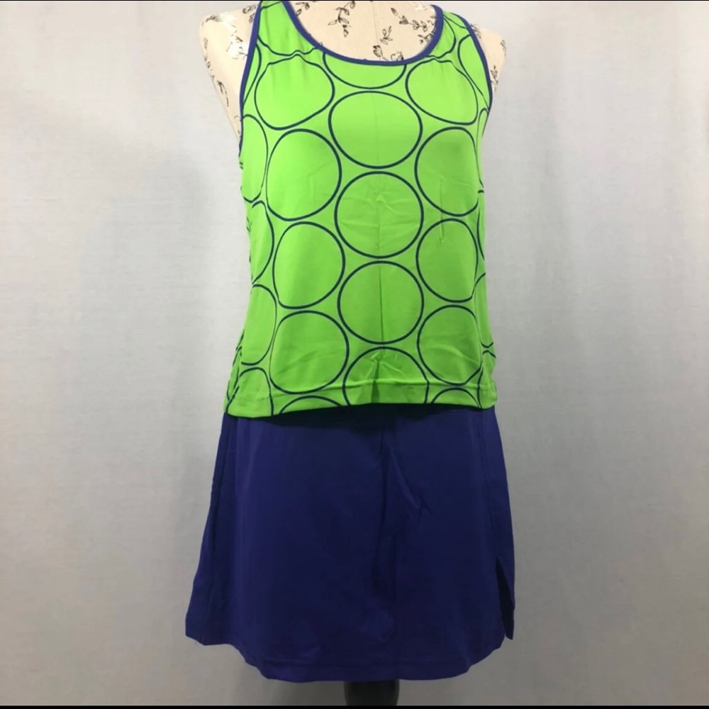 Neon green and purple tennis workout outfit
